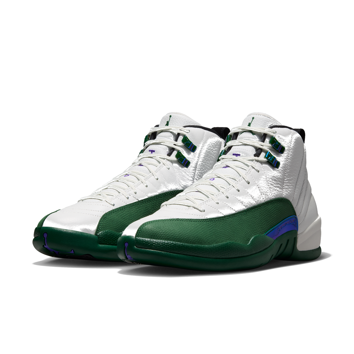 AJ 12 Retro Idols Become Rivals - Summit White Gorge Green - Summit White / Fierce Purple / Gorge Green - three-quarter pair view