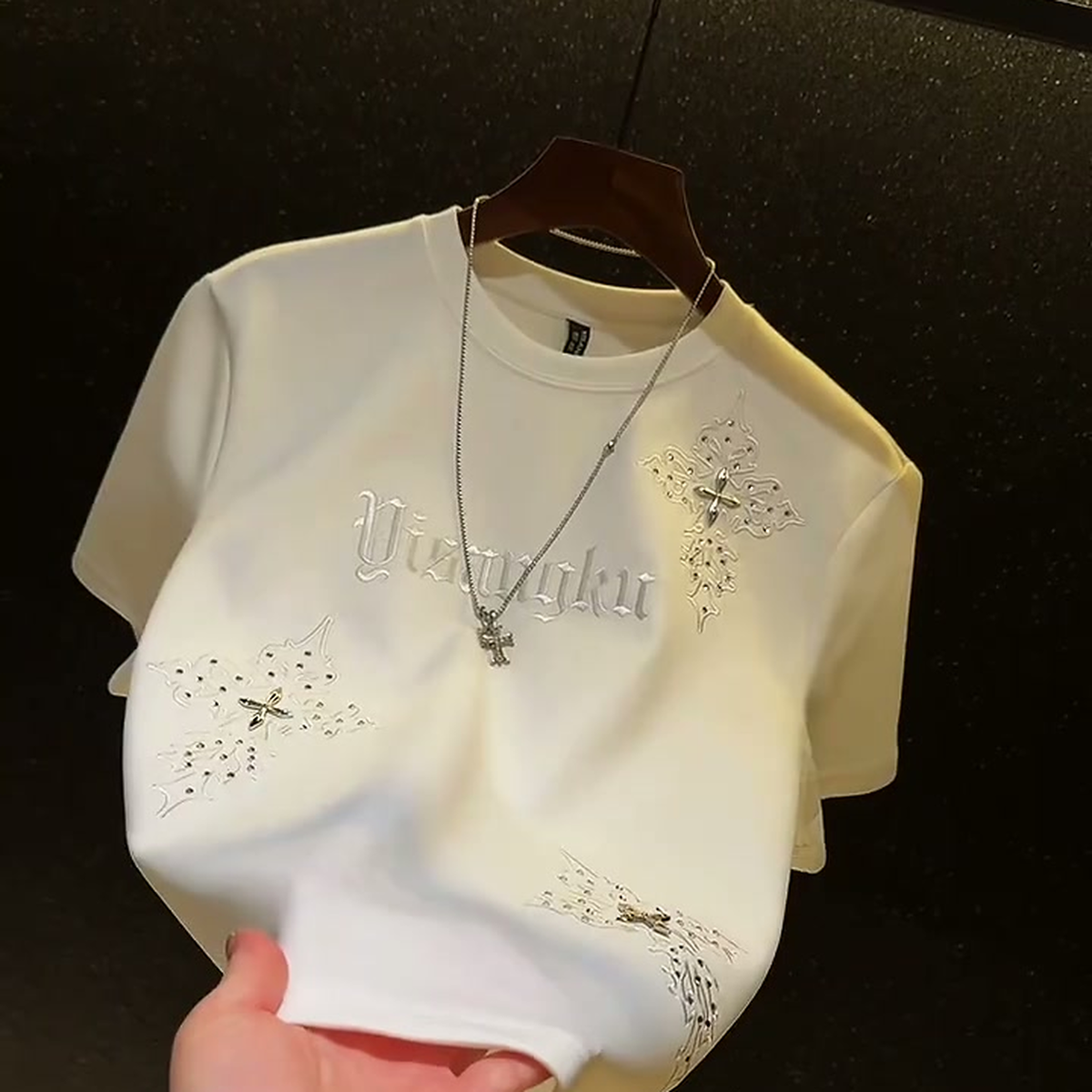 Crystal Cross Tee - silk sheen front view from product video