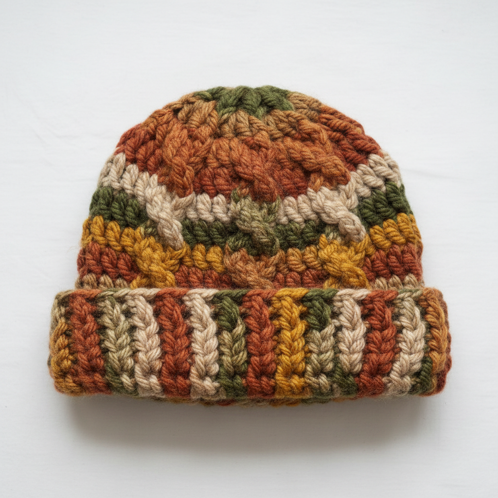 Handmade crochet beanie in warm earth tones
